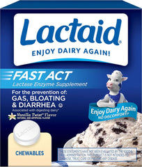 Lactaid Fast Act Chewables that Helps Prevent Gas, Bloating, and Diarrhea Due to Lactose Intolerance, Digestive Enzyme Tablets for Kids and Adults, Vanilla Twist Flavor, 60 Ct